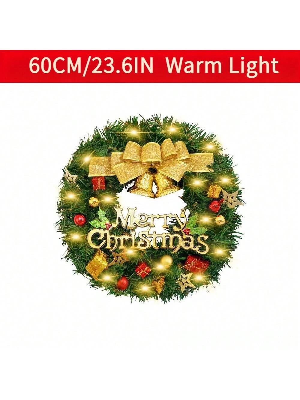 1 Piece of 24-inch Bell-Style Christmas Wreath with Warm & Coloured Light Options