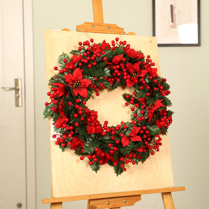 Green Trident Leaves & Red Flowers Christmas Wreath – 50CM Modern Decoration | Pixel & Parcel Co.