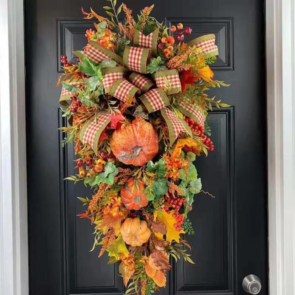 Autumn & Thanksgiving Wreath with Pumpkin Bow – Handmade 50×35cm Door Hanging Decoration | Pixel & Parcel Co.