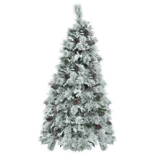6FT Pre-Lit Snow Flocked Spruce Christmas Tree with Pine Cones – 403 Tips, 250 Multi-Colour LED Lights, 11 Modes | Pixel & Parcel Co.