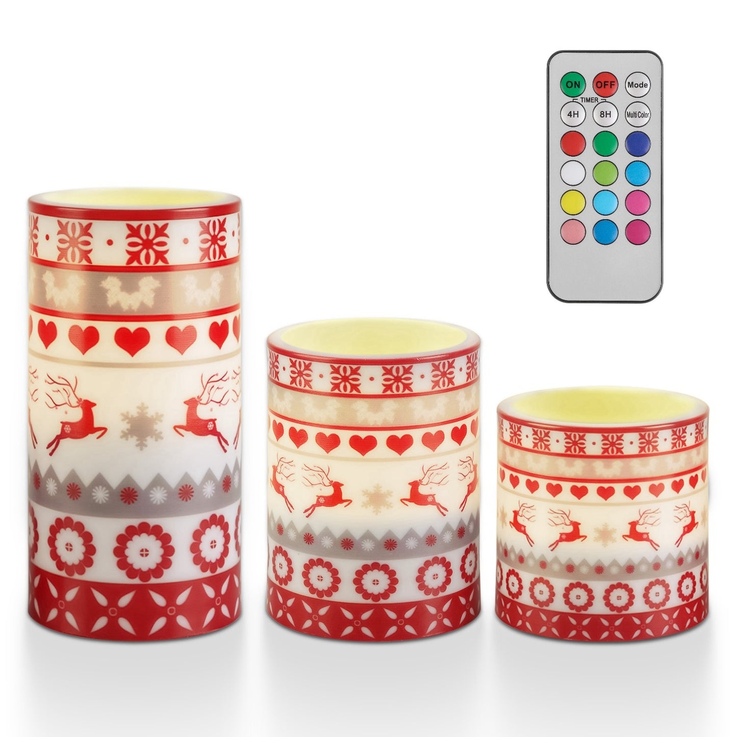 3 Pack Christmas Flameless LED Candles – Deer Print Flickering Pillar Lights with Timer & Remote