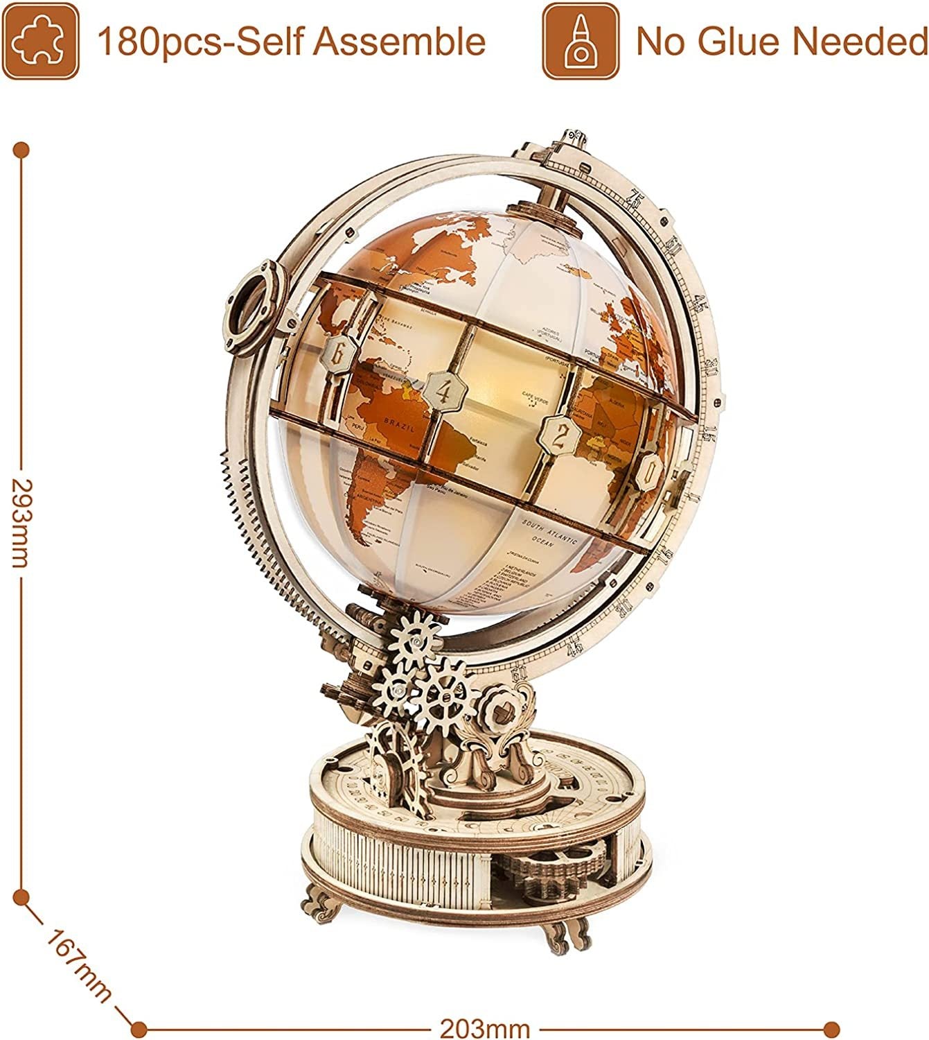 ROKR Luminous Globe – 3D Wooden Puzzle Model Kit (180 PCS)
