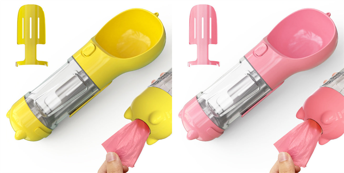 3-in-1 Portable Pet Water Bottle – Feeder Bowl & Garbage Bag Storage for Outdoor Travel