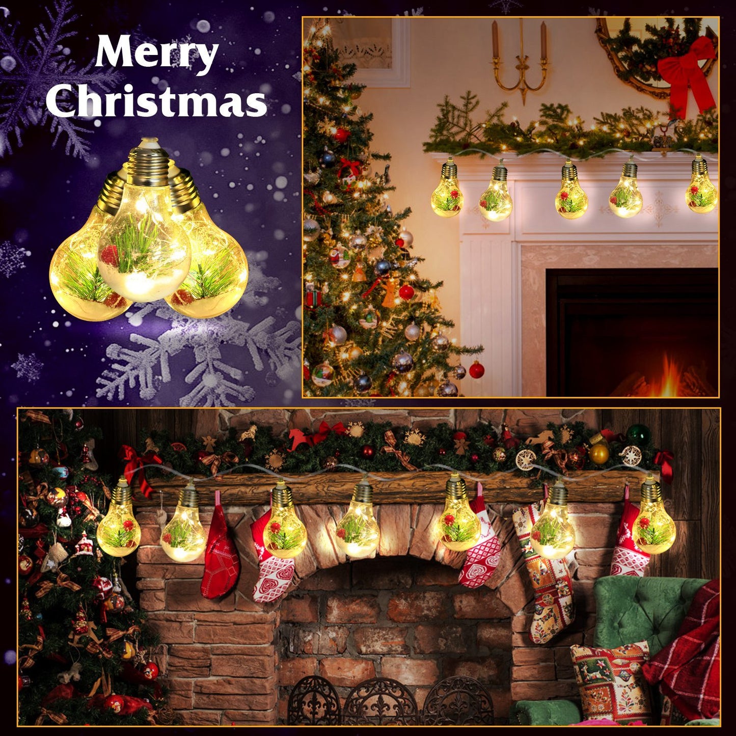 13.78FT Christmas Snow Globe String Lights – 10 LED Bulbs with Pine Needles, Snowflakes & Berries, Battery Powered