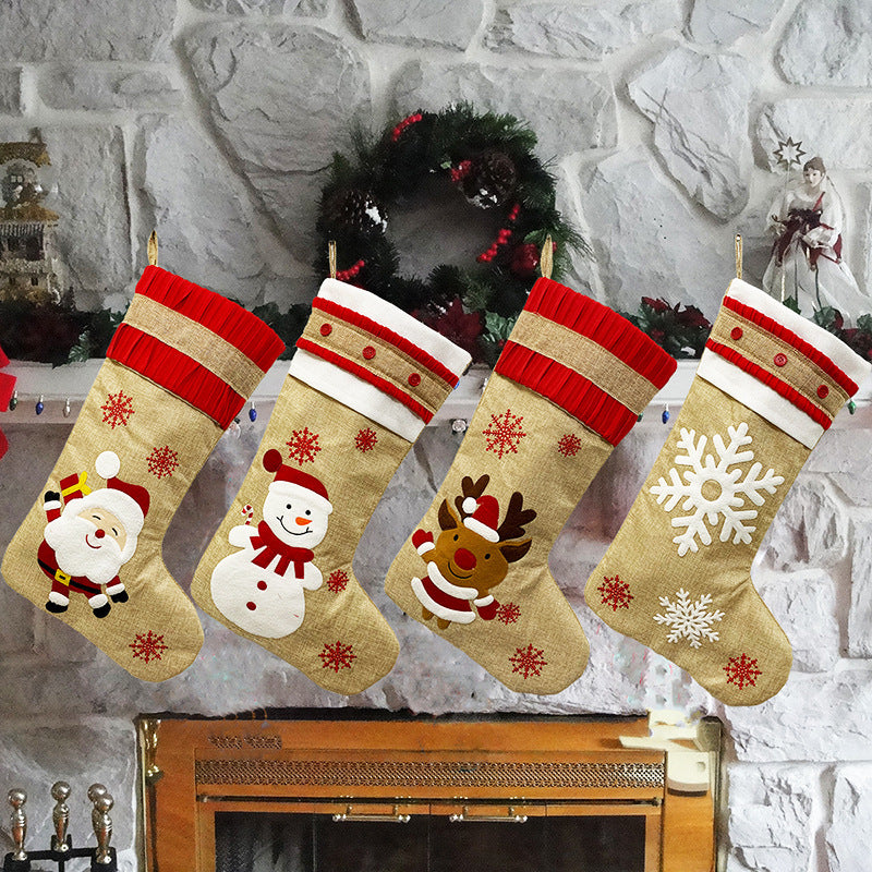 Snowman, Santa, Deer & Snowflake Linen Christmas Stockings – Handcrafted Holiday Decorations