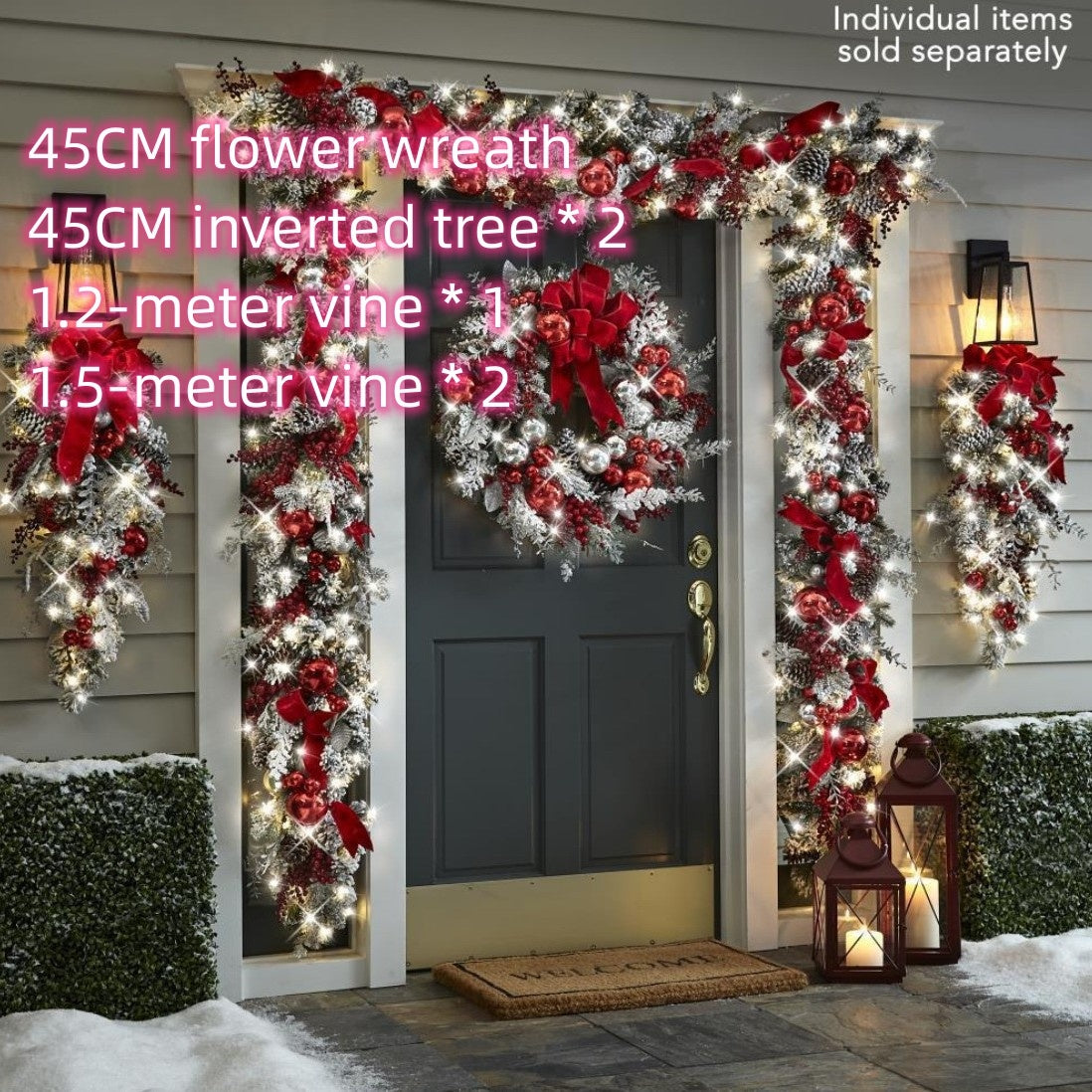 New Red Flocking Christmas Wreath & Rattan Garland – Outdoor Door Hanging Decoration | Pixel & Parcel Co.
