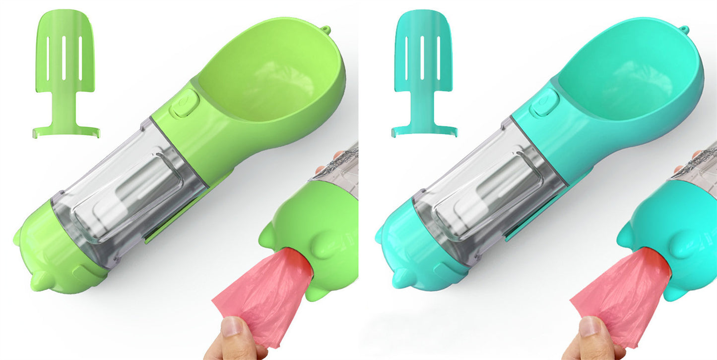 3-in-1 Portable Pet Water Bottle – Feeder Bowl & Garbage Bag Storage for Outdoor Travel