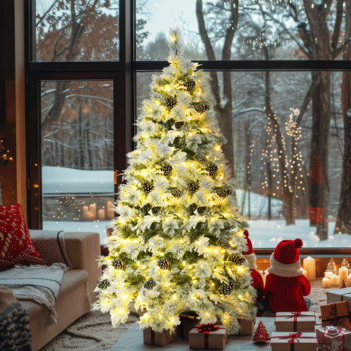 6FT Pre-Lit Snow Flocked Spruce Christmas Tree with Pine Cones – 403 Tips, 250 Multi-Colour LED Lights, 11 Modes | Pixel & Parcel Co.