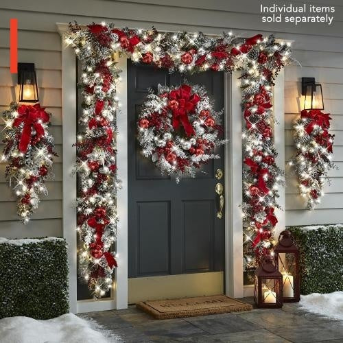 New Red Flocking Christmas Wreath & Rattan Garland – Outdoor Door Hanging Decoration | Pixel & Parcel Co.
