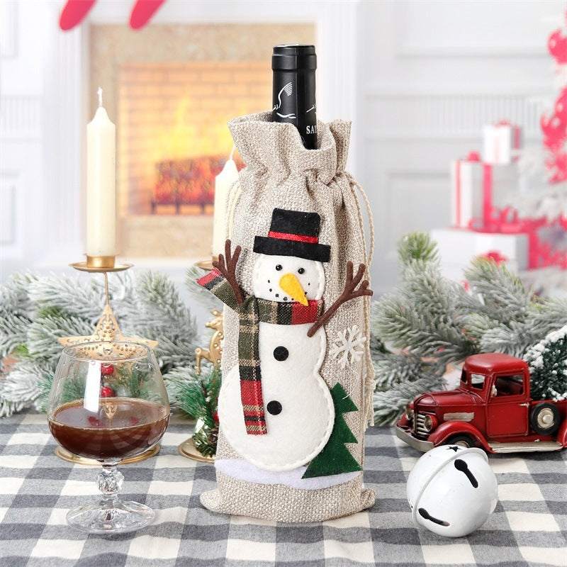 Christmas Wine Bottle Covers – 4PCS Linen Holiday Decoration Bags (Santa, Deer, Snowman)