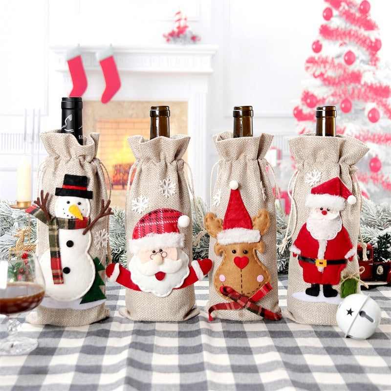 Christmas Wine Bottle Covers – 4PCS Linen Holiday Decoration Bags (Santa, Deer, Snowman)