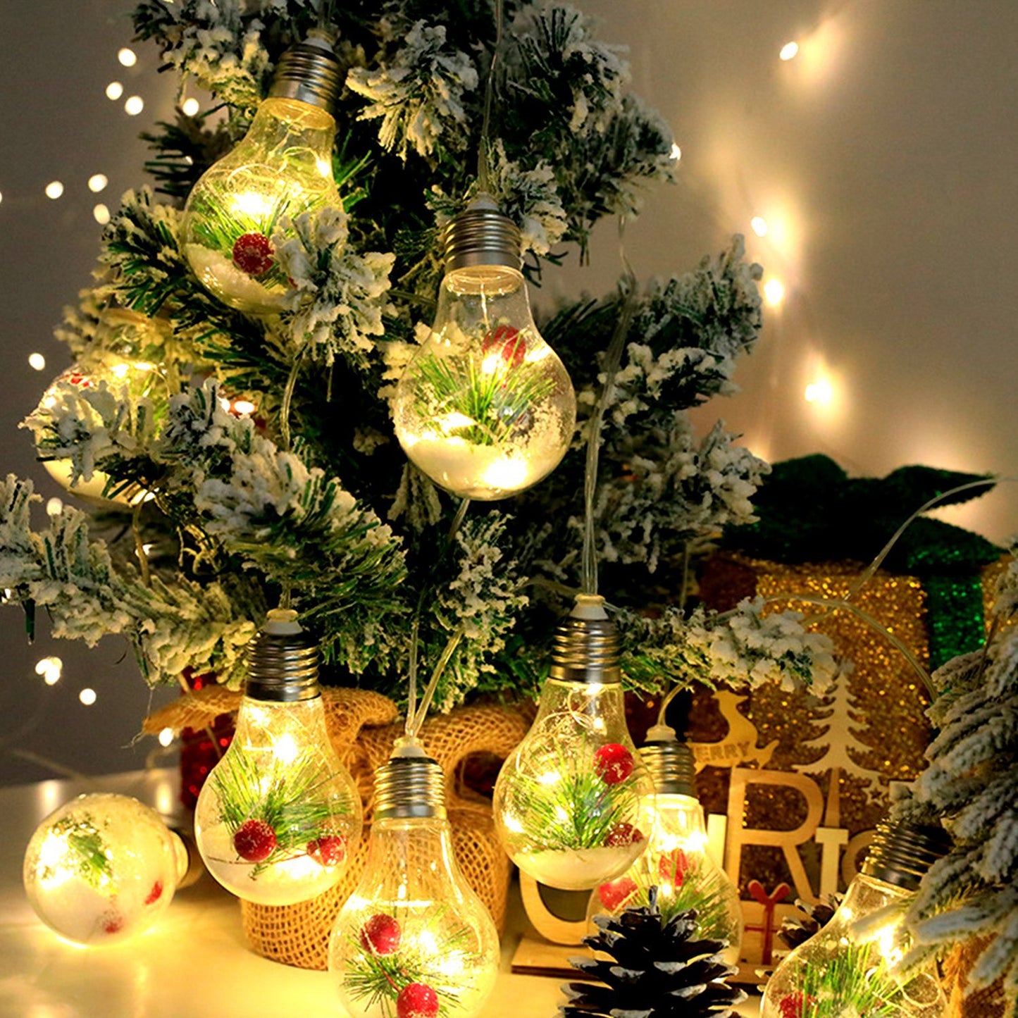 13.78FT Christmas Snow Globe String Lights – 10 LED Bulbs with Pine Needles, Snowflakes & Berries, Battery Powered