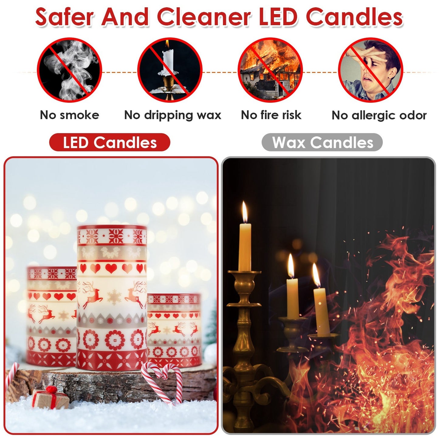 3 Pack Christmas Flameless LED Candles – Deer Print Flickering Pillar Lights with Timer & Remote