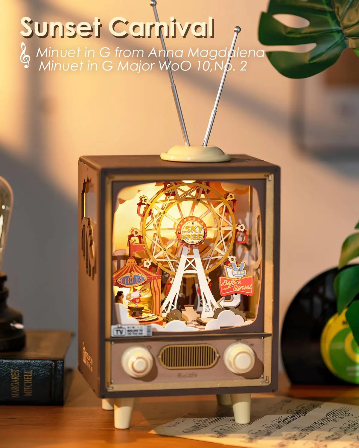 Robotime Rolife Sunset Carnival Music Box – 3D Wooden Puzzle Toy with Lights