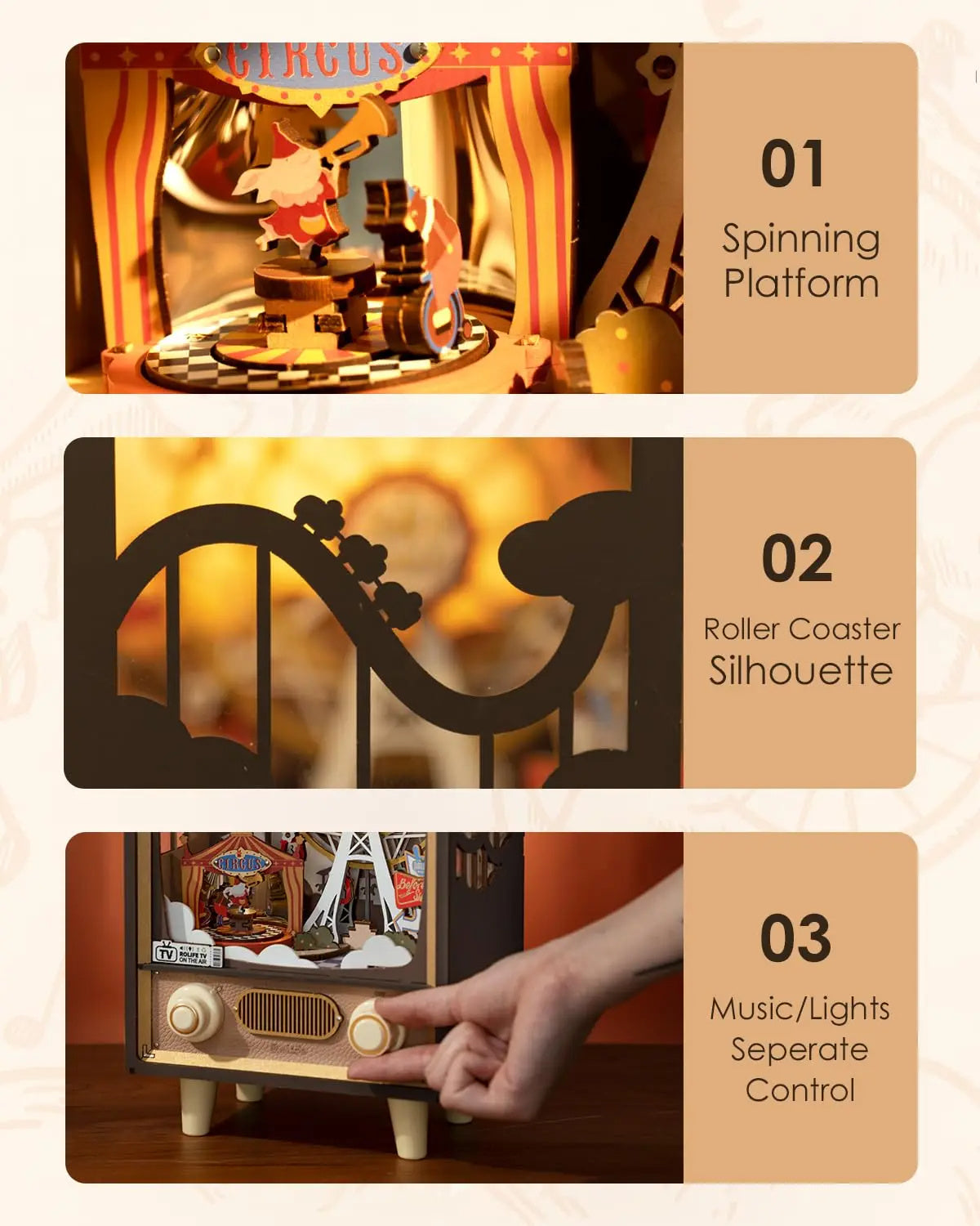 Robotime Rolife Sunset Carnival Music Box – 3D Wooden Puzzle Toy with Lights