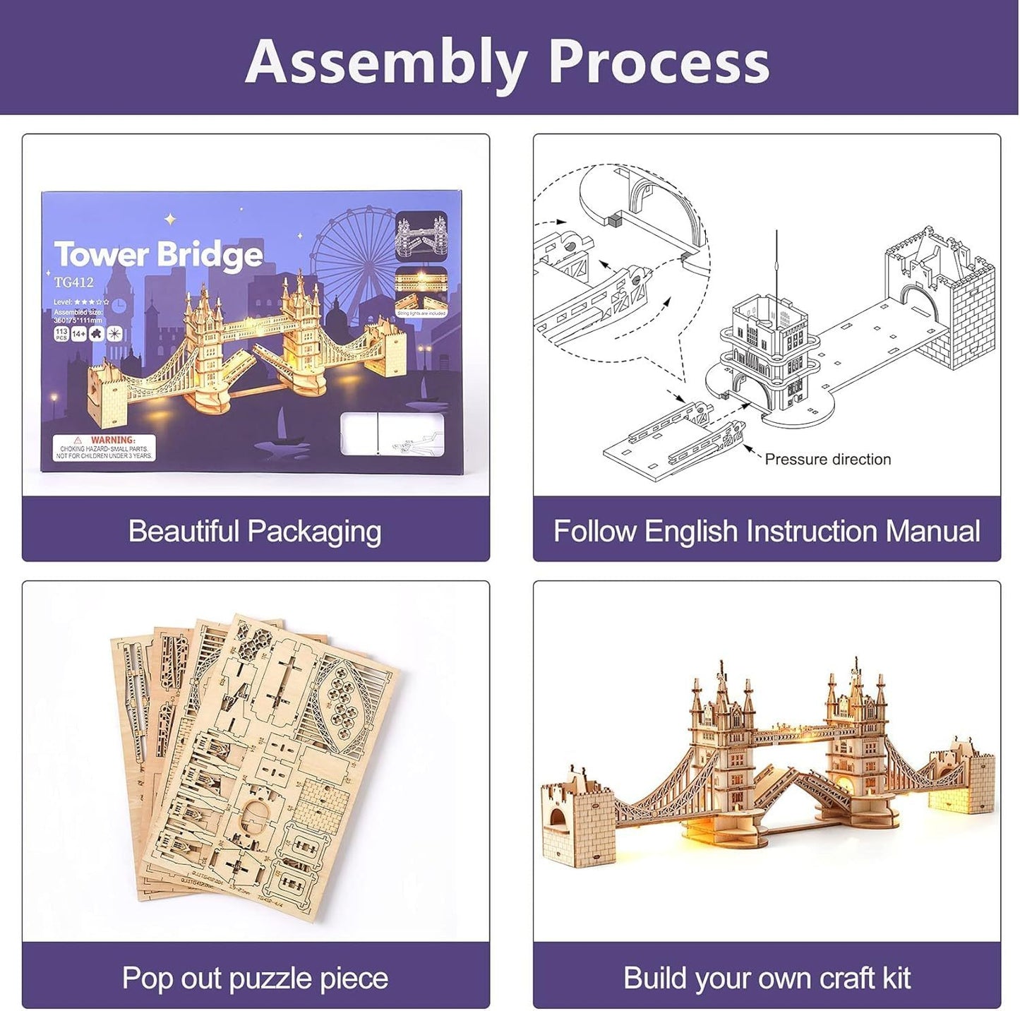 ROBOTIME 3D Wooden Puzzle – London Tower Bridge Model Kit (TG412)