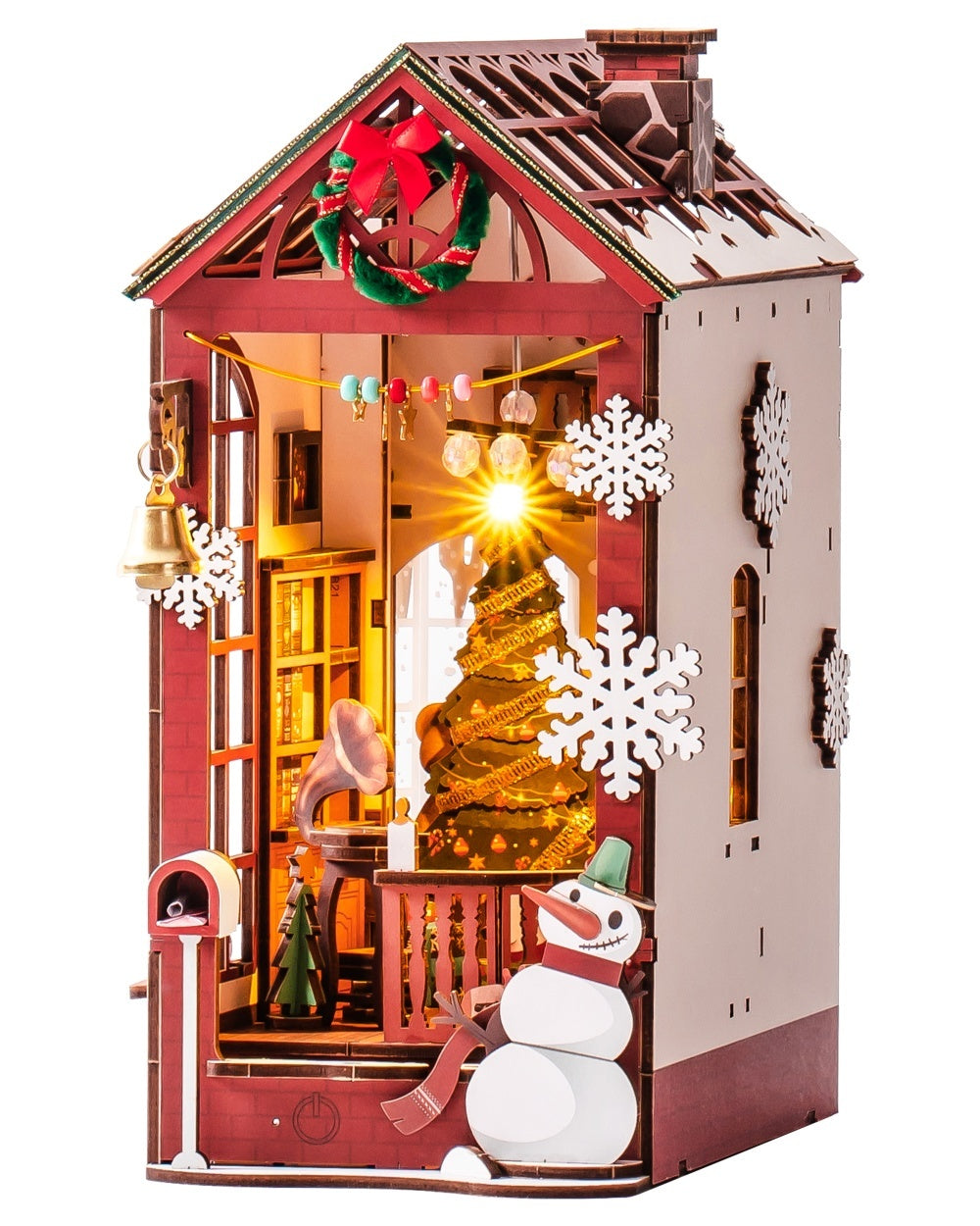 ROBOTIME DIY Christmas Dollhouse Wood Kit – Book Nook with LED Lights, Bookshelf Decoration Gift
