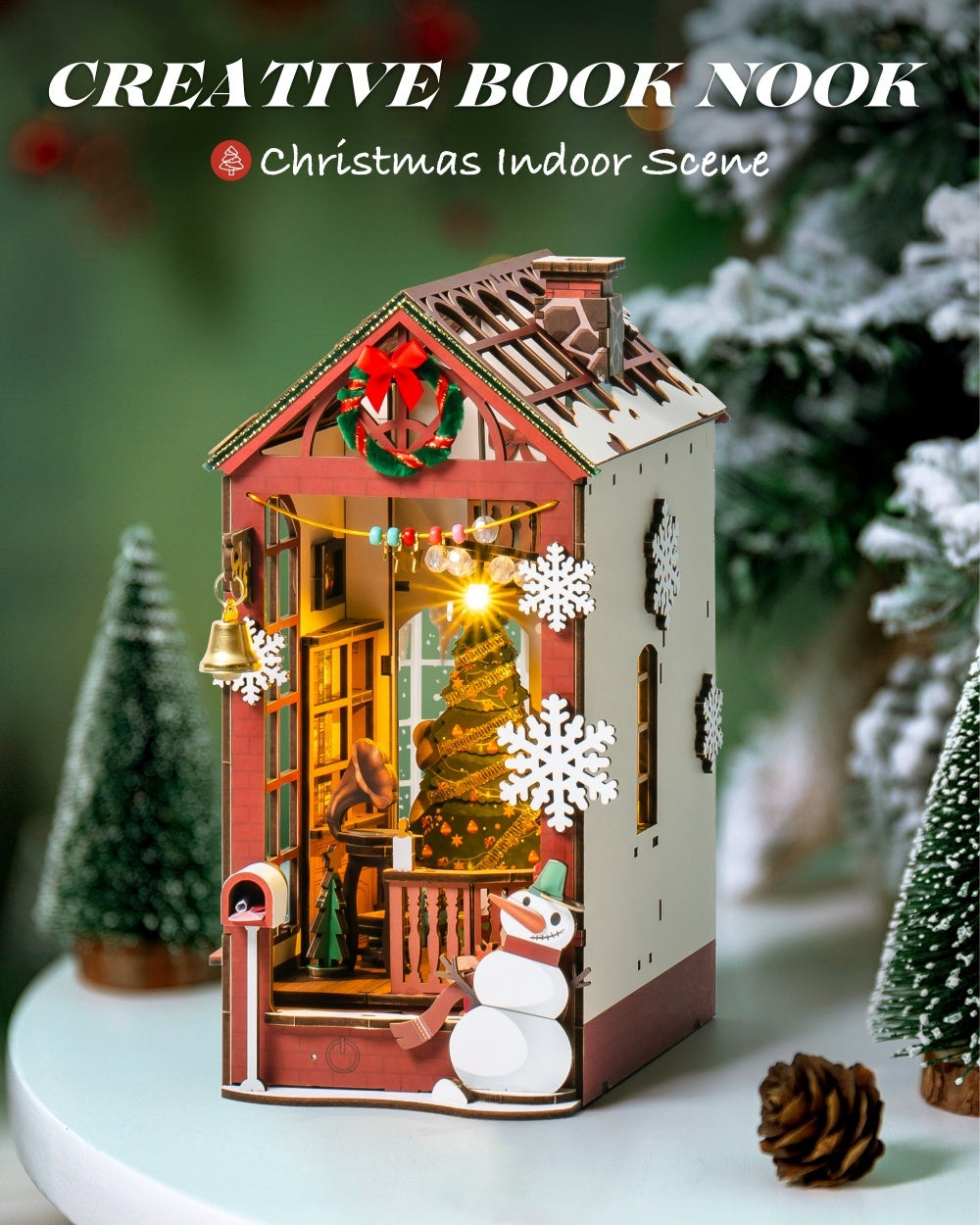 ROBOTIME DIY Christmas Dollhouse Wood Kit – Book Nook with LED Lights, Bookshelf Decoration Gift