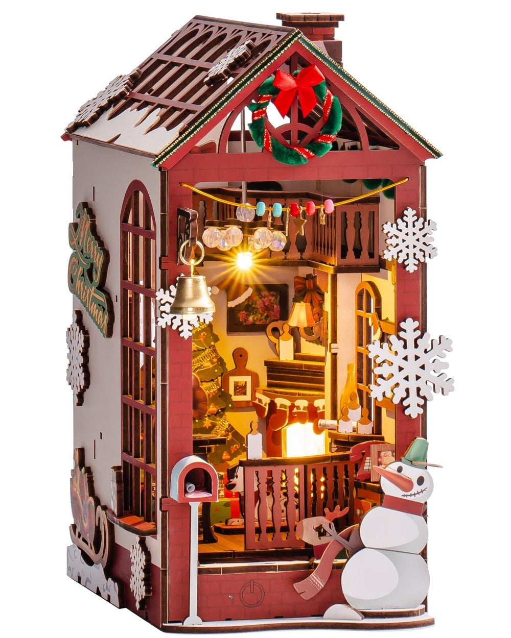 ROBOTIME DIY Christmas Dollhouse Wood Kit – Book Nook with LED Lights, Bookshelf Decoration Gift