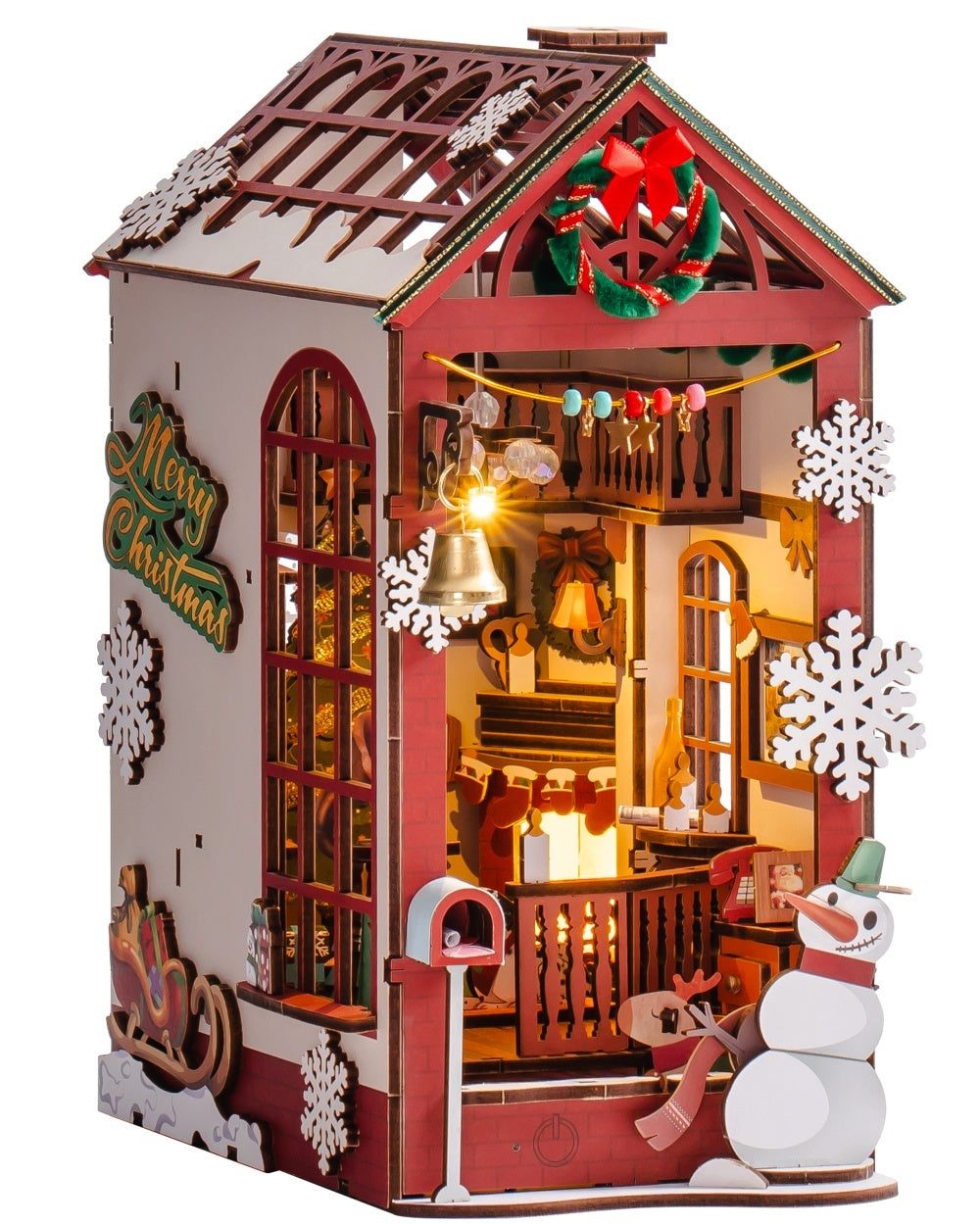 ROBOTIME DIY Christmas Dollhouse Wood Kit – Book Nook with LED Lights, Bookshelf Decoration Gift