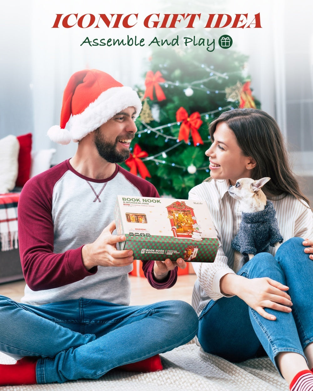 ROBOTIME DIY Christmas Dollhouse Wood Kit – Book Nook with LED Lights, Bookshelf Decoration Gift