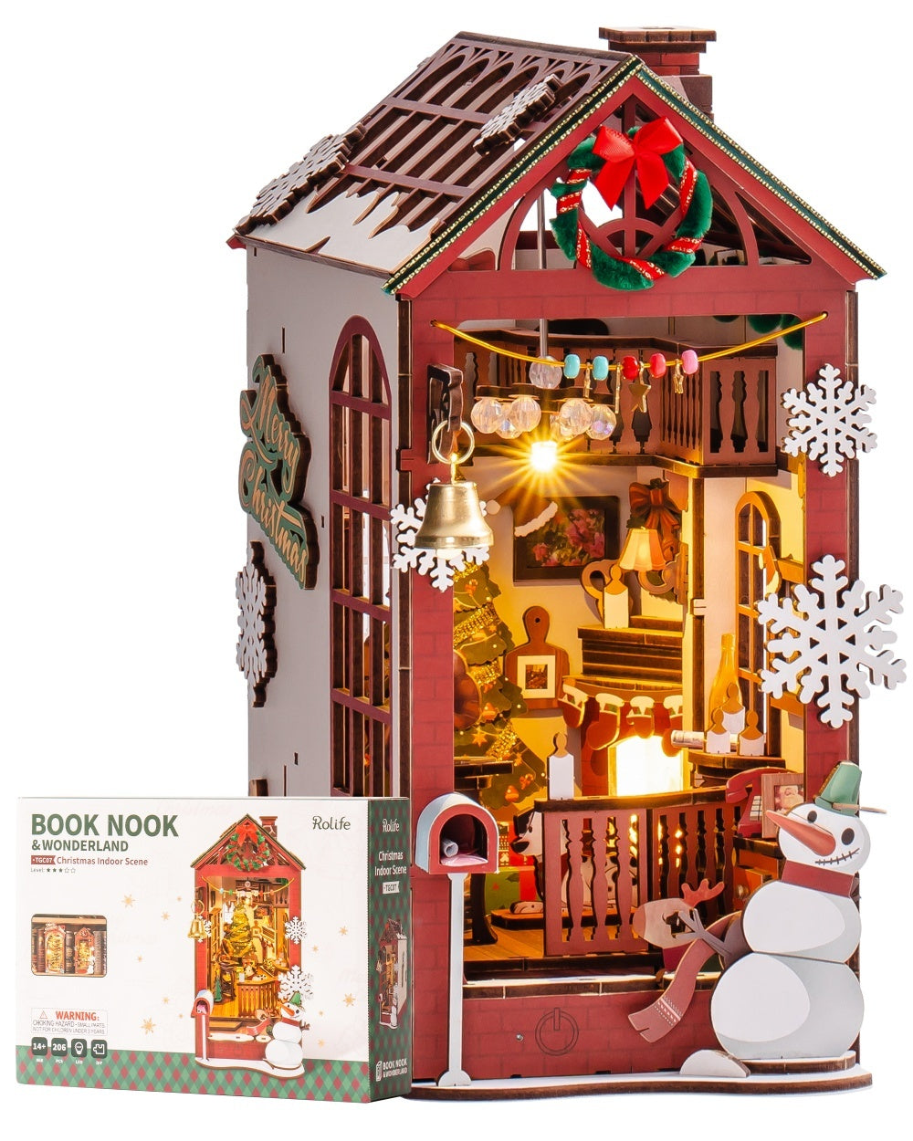 ROBOTIME DIY Christmas Dollhouse Wood Kit – Book Nook with LED Lights, Bookshelf Decoration Gift
