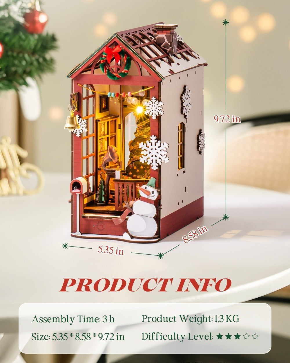 ROBOTIME DIY Christmas Dollhouse Wood Kit – Book Nook with LED Lights, Bookshelf Decoration Gift