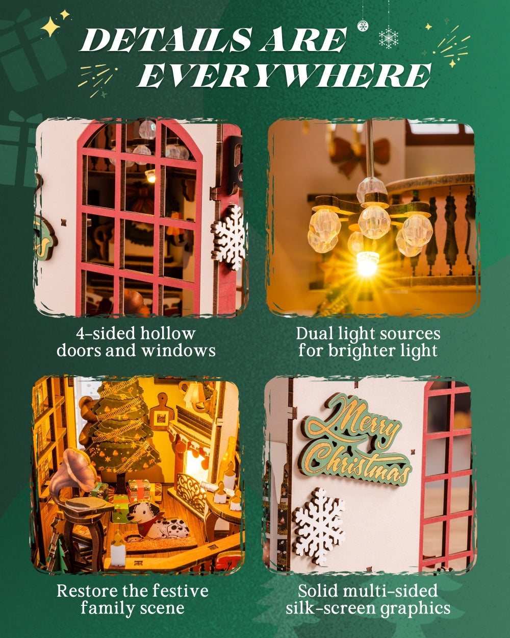ROBOTIME DIY Christmas Dollhouse Wood Kit – Book Nook with LED Lights, Bookshelf Decoration Gift