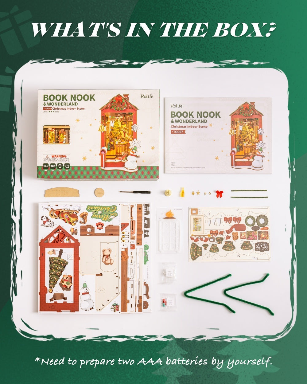 ROBOTIME DIY Christmas Dollhouse Wood Kit – Book Nook with LED Lights, Bookshelf Decoration Gift