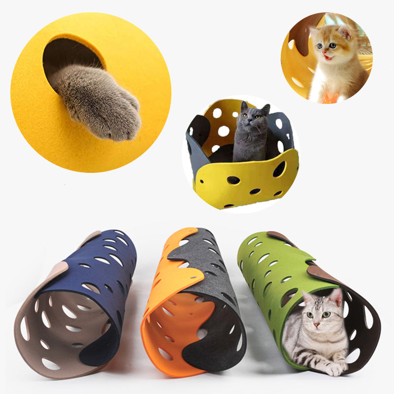 “Cat Tunnel Toy with Felt Pom – Collapsible Interactive Tube and Kitten Nest”