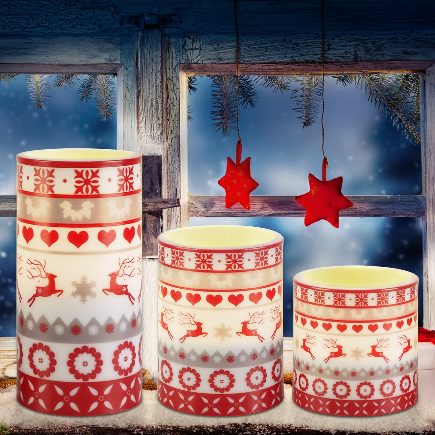 3 Pack Christmas Flameless LED Candles – Deer Print Flickering Pillar Lights with Timer & Remote