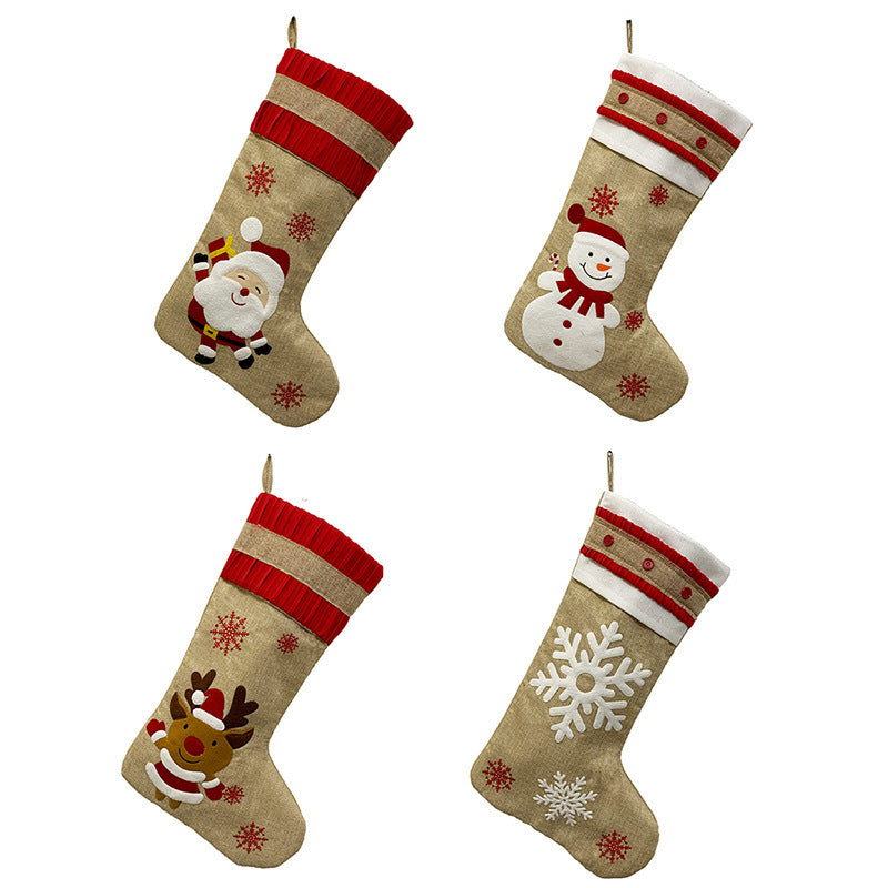 Snowman, Santa, Deer & Snowflake Linen Christmas Stockings – Handcrafted Holiday Decorations