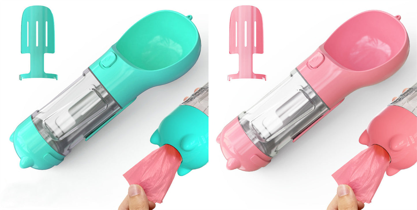 3-in-1 Portable Pet Water Bottle – Feeder Bowl & Garbage Bag Storage for Outdoor Travel