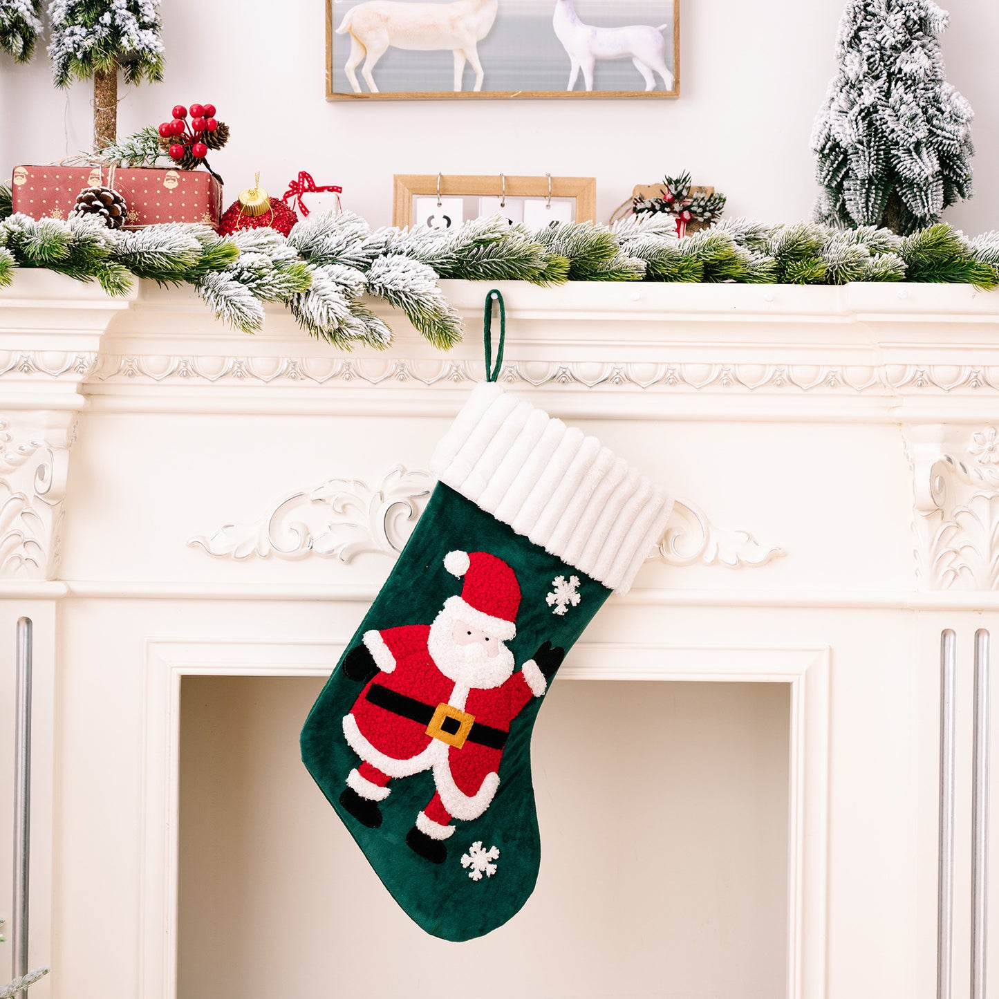 Gold Velvet Patch Christmas Stockings – Festive Cloth Holiday Decorations (Santa, Snowman, Dwarf)