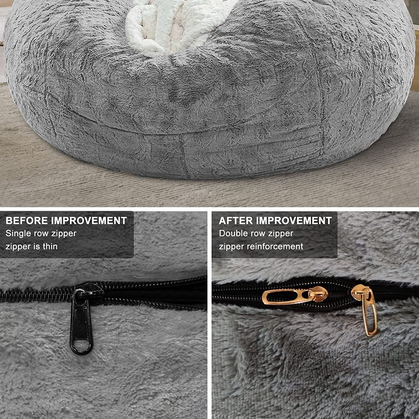 Bag Chair Cover – Soft Fluffy PV Velvet Bean Bag Sofa Bed Cover (6ft, Dark Grey)