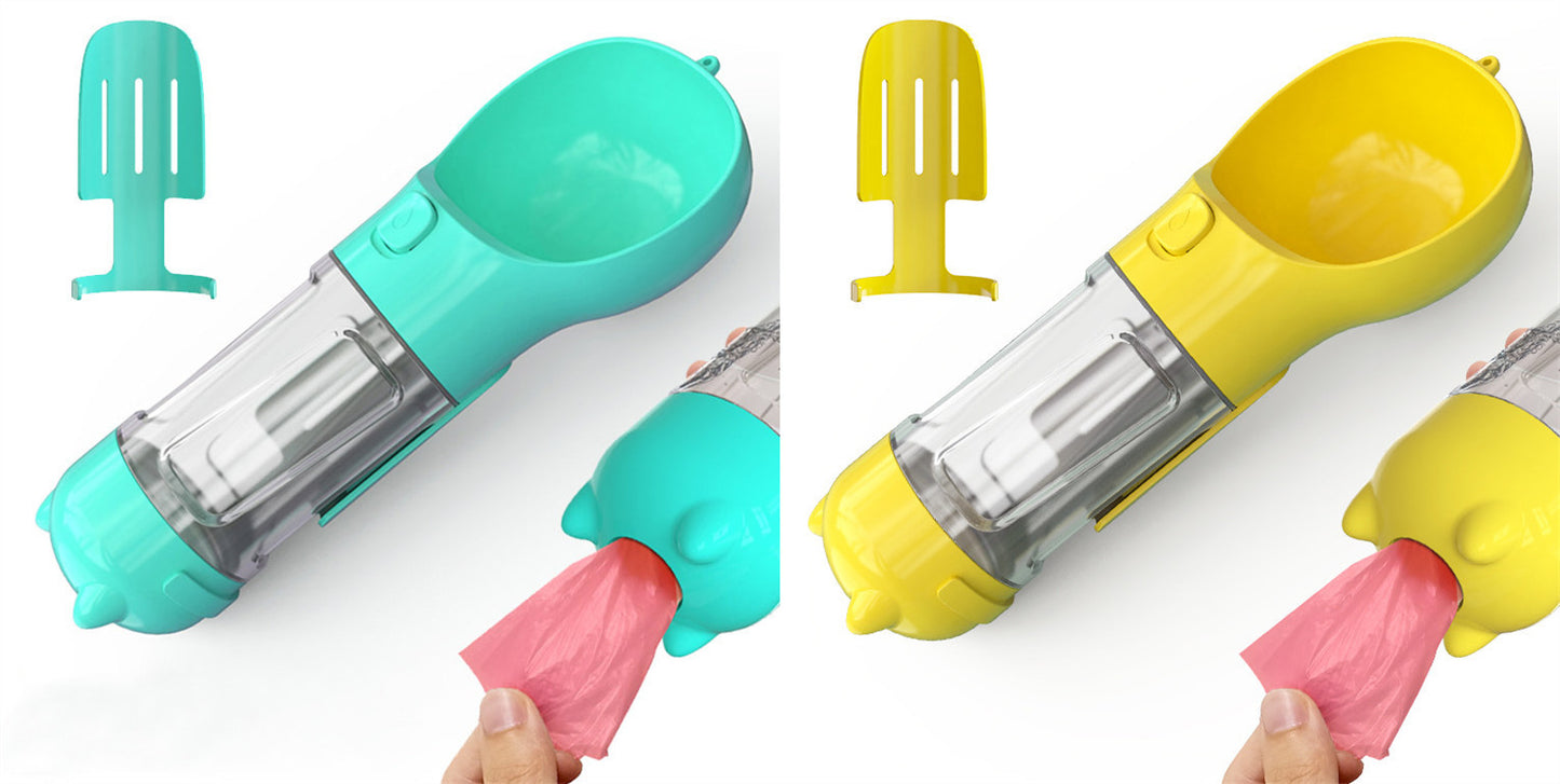 3-in-1 Portable Pet Water Bottle – Feeder Bowl & Garbage Bag Storage for Outdoor Travel
