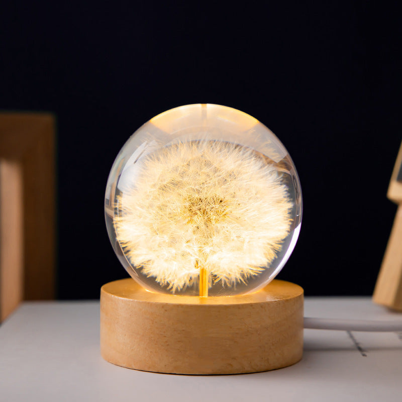 3D Luminous Dandelion Crystal Ball – Wooden Stand | Christmas Gift