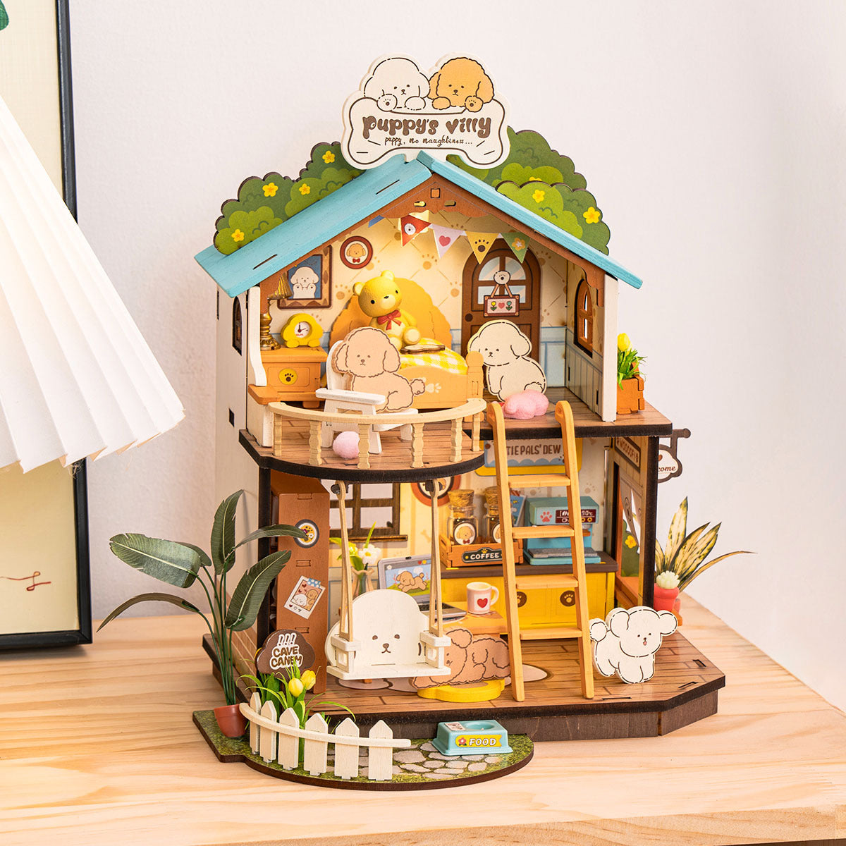 ROBOTIME DIY Miniature Dollhouse Kit – Puppy’s Cozy Villa with LED Lights & Furniture