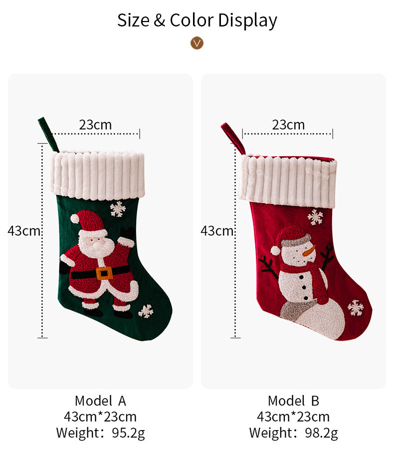Gold Velvet Patch Christmas Stockings – Festive Cloth Holiday Decorations (Santa, Snowman, Dwarf)