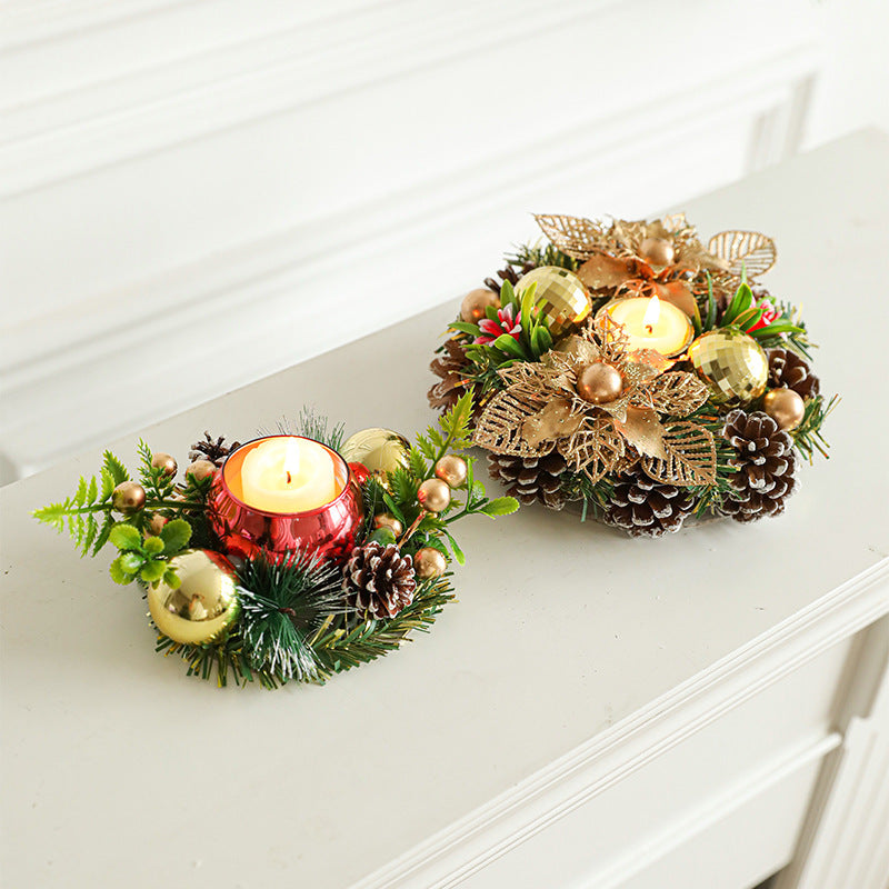 Christmas Candle Metal Candlestick Wreath with Artificial Pinecones & Leaves
