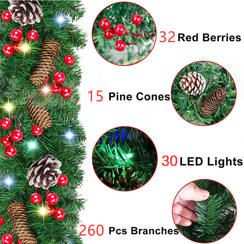 2.7m Artificial Christmas Pine Wreath Garland with Red Fruits, Pinecones & LED Lights