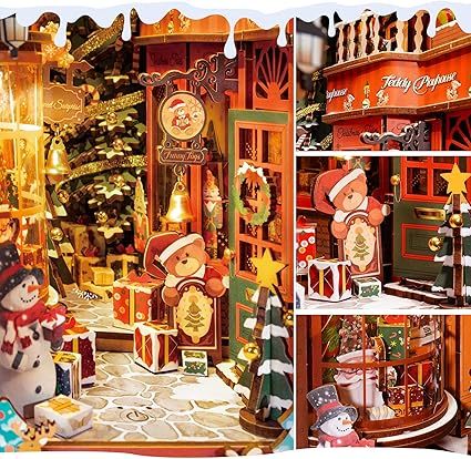 Robotime DIY Miniature Book Nook – Christmas Street Wooden Shelf Insert with LED Lights