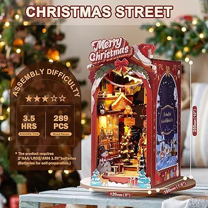 Robotime DIY Miniature Book Nook – Christmas Street Wooden Shelf Insert with LED Lights
