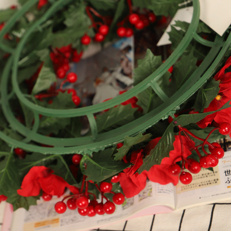 Green Trident Leaves & Red Flowers Christmas Wreath – 50CM Modern Decoration | Pixel & Parcel Co.