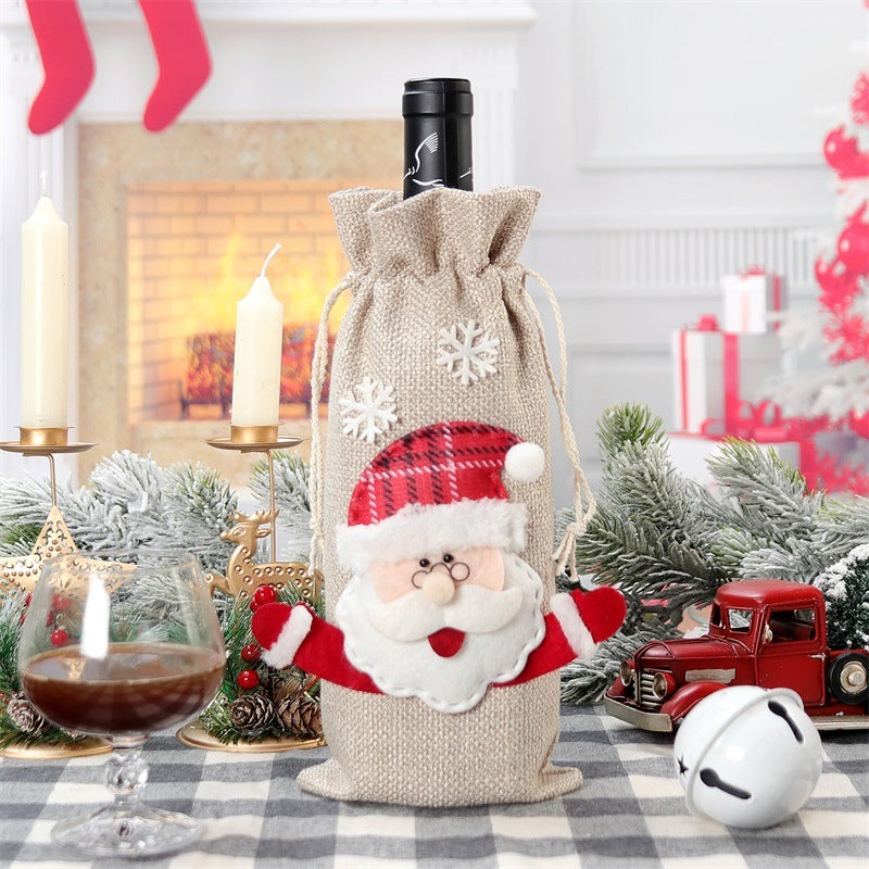 Christmas Wine Bottle Covers – 4PCS Linen Holiday Decoration Bags (Santa, Deer, Snowman)