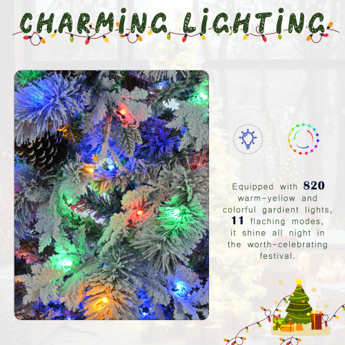 6FT Pre-Lit Snow Flocked Spruce Christmas Tree with Pine Cones – 403 Tips, 250 Multi-Colour LED Lights, 11 Modes | Pixel & Parcel Co.