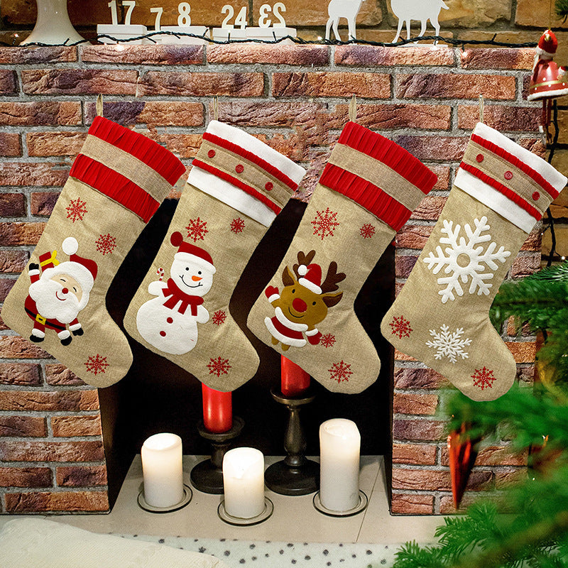 Snowman, Santa, Deer & Snowflake Linen Christmas Stockings – Handcrafted Holiday Decorations