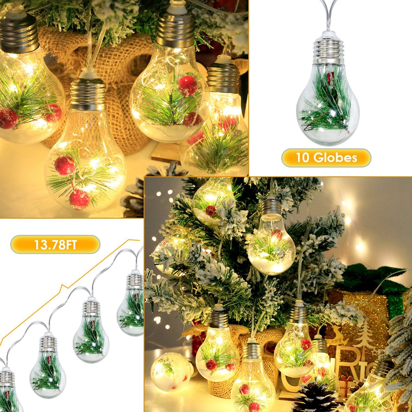 13.78FT Christmas Snow Globe String Lights – 10 LED Bulbs with Pine Needles, Snowflakes & Berries, Battery Powered