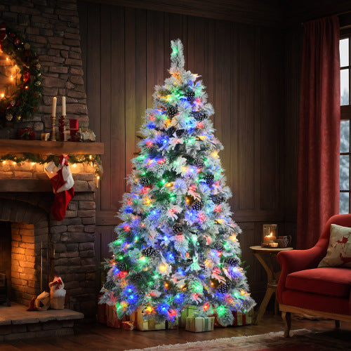 6FT Pre-Lit Snow Flocked Spruce Christmas Tree with Pine Cones – 403 Tips, 250 Multi-Colour LED Lights, 11 Modes | Pixel & Parcel Co.
