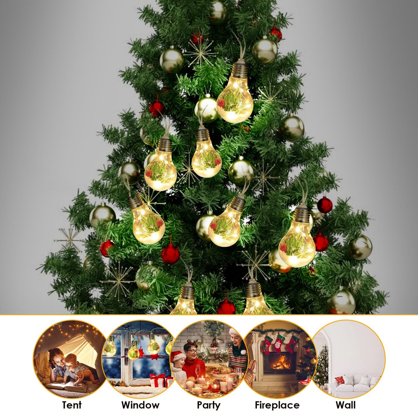 13.78FT Christmas Snow Globe String Lights – 10 LED Bulbs with Pine Needles, Snowflakes & Berries, Battery Powered